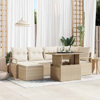 Conjunto de sofá de jardín con cojín 7 pcs beige y crema