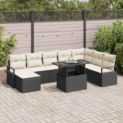 Conjunto de sofá de jardín con cojín 9 pcs Negro y crema