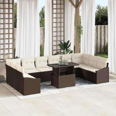 Conjunto de sofá de jardín con cojín 11 pcs Marrón y crema
