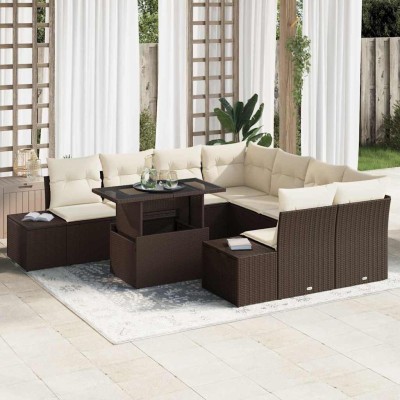 Conjunto de sofá de jardín con cojín 9 pcs Marrón y crema