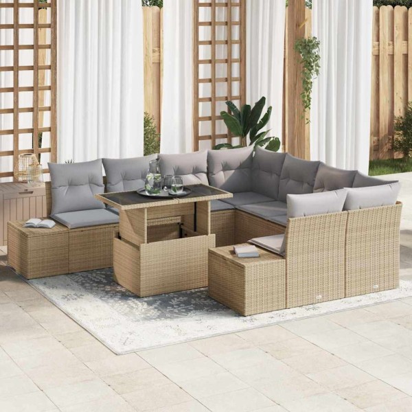 Conjunto de sofá de jardín con cojín 9 pcs beige y gris claro