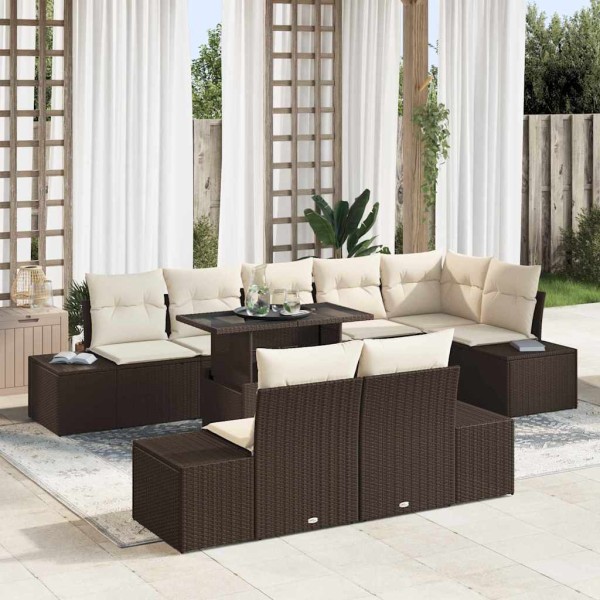 Conjunto de sofá de jardín con cojín 9 pcs Marrón y crema