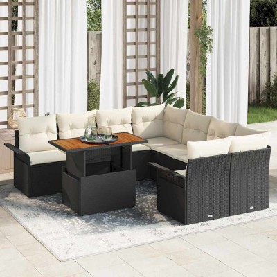 Conjunto de sofá de jardín con cojín 9 pcs Negro y crema