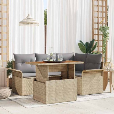 Conjunto de sofá de jardín con cojín 5 pcs beige y gris claro