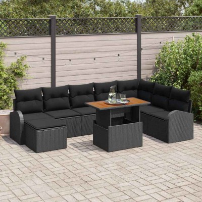 Conjunto de sofá de jardín con cojín 9 pcs Negro