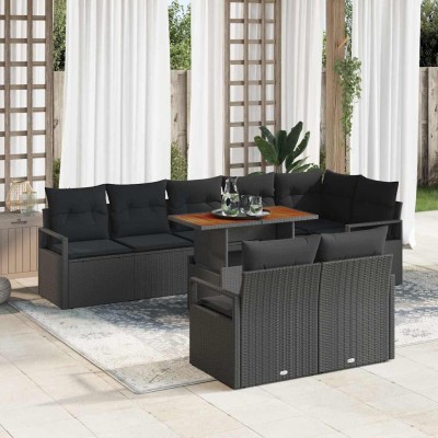 Conjunto de sofá de jardín con cojín 9 pcs Negro y Marrón