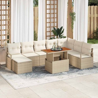 Conjunto de sofá de jardín con cojín 9 pcs Beige y Crema