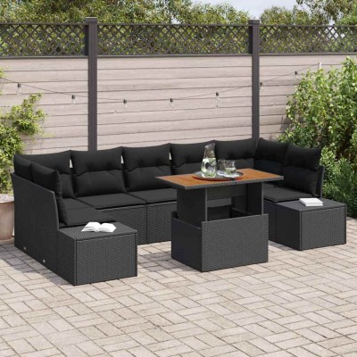 Conjunto de Comedor de Jardín con cojín 8 pcs Negro y Marrón