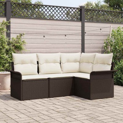 Conjunto de sofá de jardín con cojín 4 pcs Marrón Poliratán