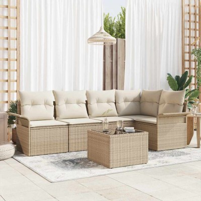 Conjunto de sofá de jardín con cojín 6 pcs Beige Poliratán