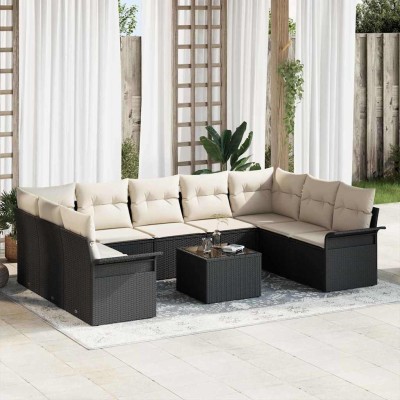 Conjunto de sofá de jardín con cojín 10 pcs Marrón Poliratán
