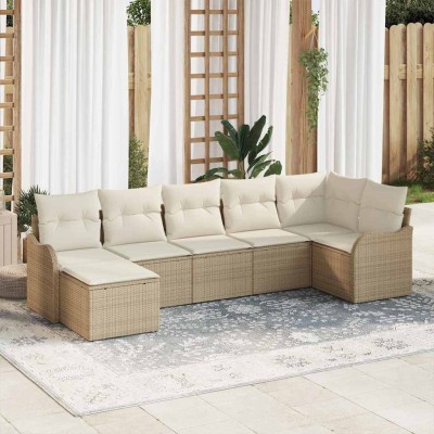 Conjunto de sofá de jardín 7 pcs Beige y blanco Poliratán