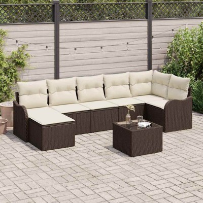 Conjunto de sofá de jardín 8 pcs Marrón y blanco Poliratán