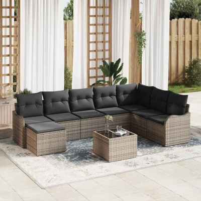 Conjunto de sofá de jardín con cojín 9 pcs Gris Poliratán