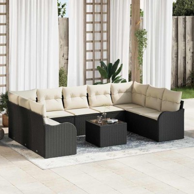 Conjunto de sofá de jardín 10 pcs Negro, blanco Poliratán