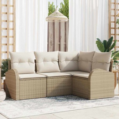 Conjunto de sofá de jardín 4 pcs Beige y blanco Poliratán