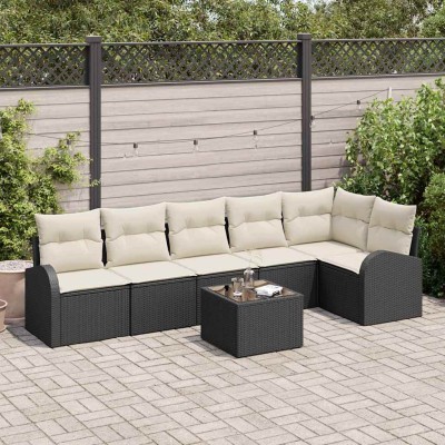 Conjunto de sofá de jardín 7 pcs Negro y blanco Poliratán
