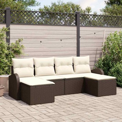 Conjunto de sofá de jardín 6 pcs Marrón y blanco Poliratán
