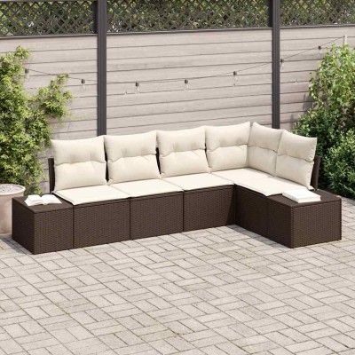 Conjunto de sofá de jardín con cojín 5 pcs Marrón y crema