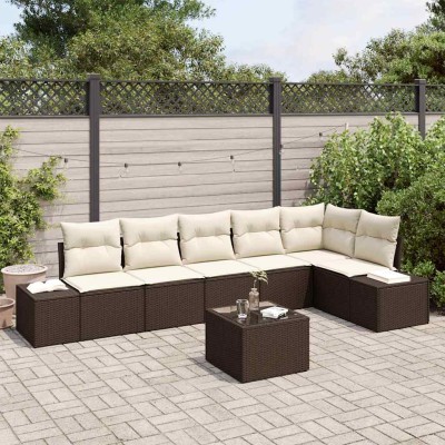Conjunto de sofá de jardín con cojín 7 pcs Marrón y crema