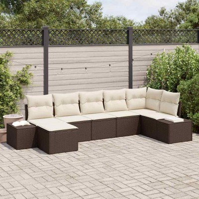 Conjunto de sofá de jardín con cojín 7 pcs Marrón Poliratán