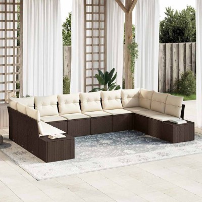 Conjunto de sofá de jardín con cojín 10 pcs Marrón y crema
