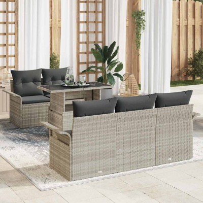 Conjunto de sofá de jardín con cojín 6 pcs Gris Claro Poliratán