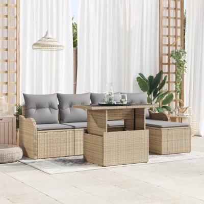 Conjunto de sofá de jardín con cojín 6 pcs Beige Poliratán