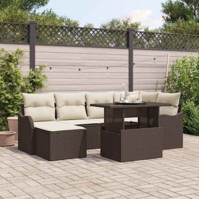 Conjunto de sofá de jardín con cojín 7 pcs Marrón Poliratán