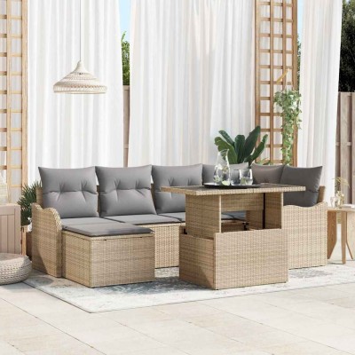 Conjunto de sofá de jardín con cojín 7 pcs Beige Poliratán