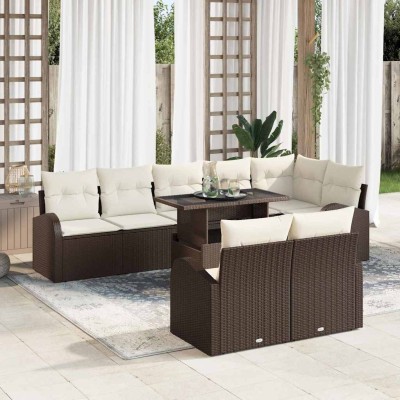 Conjunto de sofá de jardín 9 pcs Marrón Poliratán