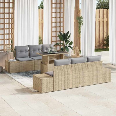 Conjunto de sofá de jardín con cojín 7 pcs Beige y Gris Claro