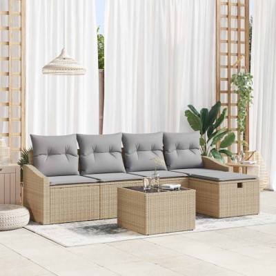 Conjunto de sofá de jardín con cojín 6 pcs Beige Poliratán