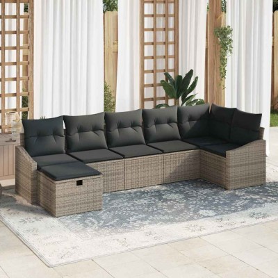 Conjunto de sofá de jardín con cojín 7 pcs Gris Poliratán