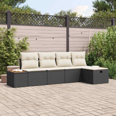Conjunto de sofá de jardín con cojín 5 pcs Negro Poliratán