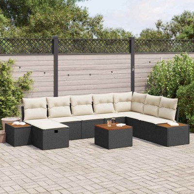 Conjunto de sofá de jardín con cojín 9 pcs Negro Poliratán