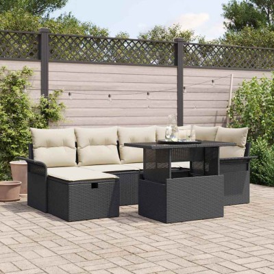Conjunto de sofá de jardín con cojín 7 pcs Negro Poliratán