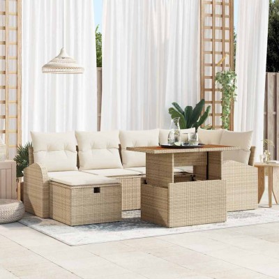 Conjunto de sofá de jardín con cojín 7 pcs Beige Poliratán