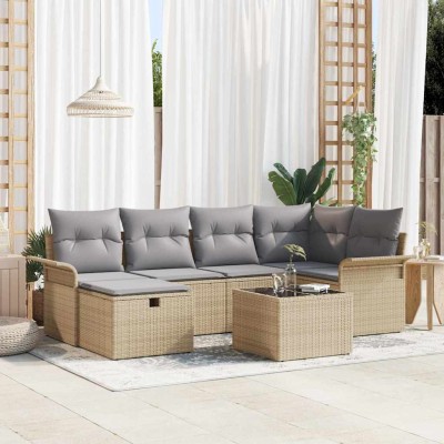 Conjunto de sofá de jardín con cojín 7 pcs Beige Poliratán