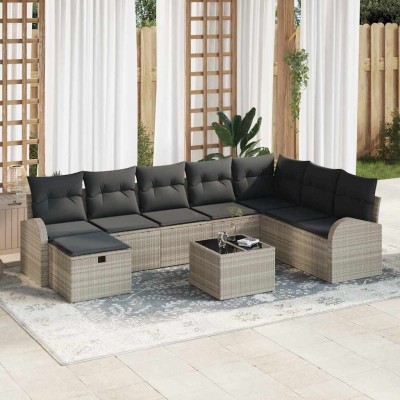 Conjunto de sofá de jardín con cojín 9 pcs Gris claro Poliratán