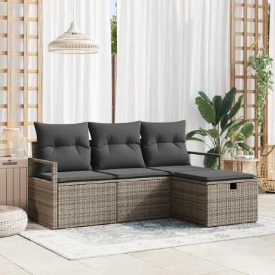 Conjunto de sofá de jardín con cojín 4 pcs Gris Poliratán