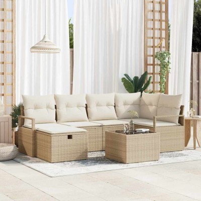 Conjunto de sofá de jardín con cojín 7 pcs Beige Poliratán