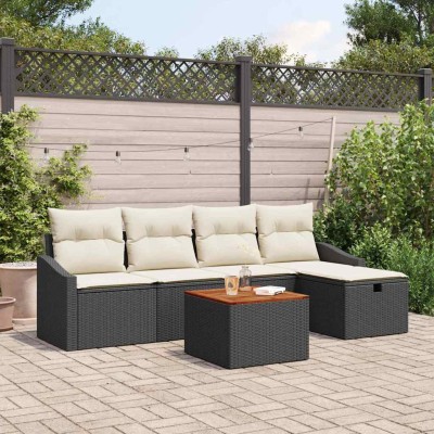 Conjunto de sofá de jardín con cojín 6 pcs Negro Poliratán
