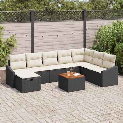 Conjunto de sofá de jardín con cojín 9 pcs Negro Poliratán