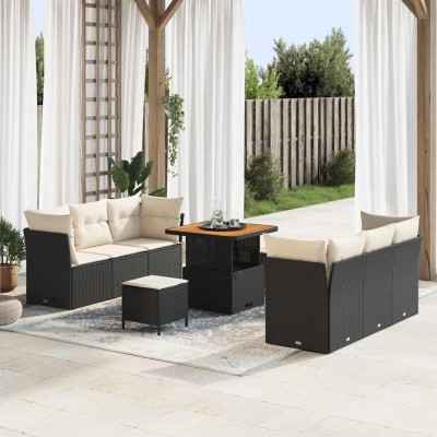 Conjunto de sofá de jardín 9 pcs Negro ratán sintético