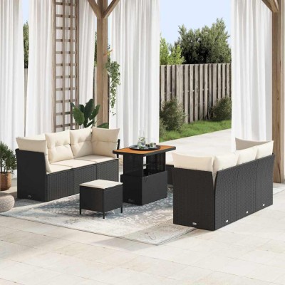 Conjunto de sofá de jardín 9 pcs Negro ratán sintético