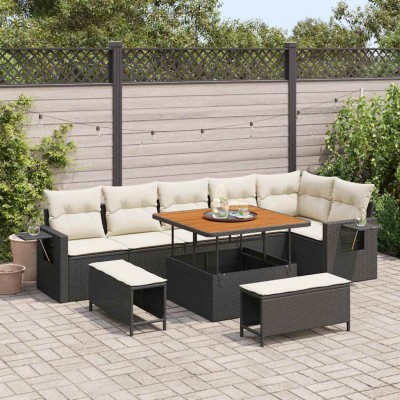Conjunto de sofá de jardín 9 pcs Negro ratán sintético