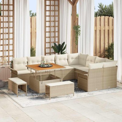Conjunto de sofá de jardín 12 pcs Beige ratán sintético
