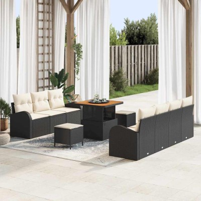 Conjunto de sofá de jardín con cojín 10 pcs Negro Poliratán