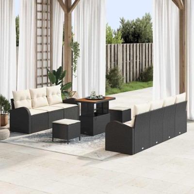 Conjunto de sofá de jardín con cojín 10 pcs Negro Poliratán